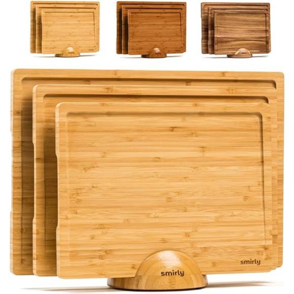 Wood Cutting Boards For Kitchen - Bamboo Cutting Board Set with Holder - Picture 1 of 7